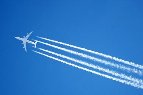 Multiple contrails in an area with high airline traffic